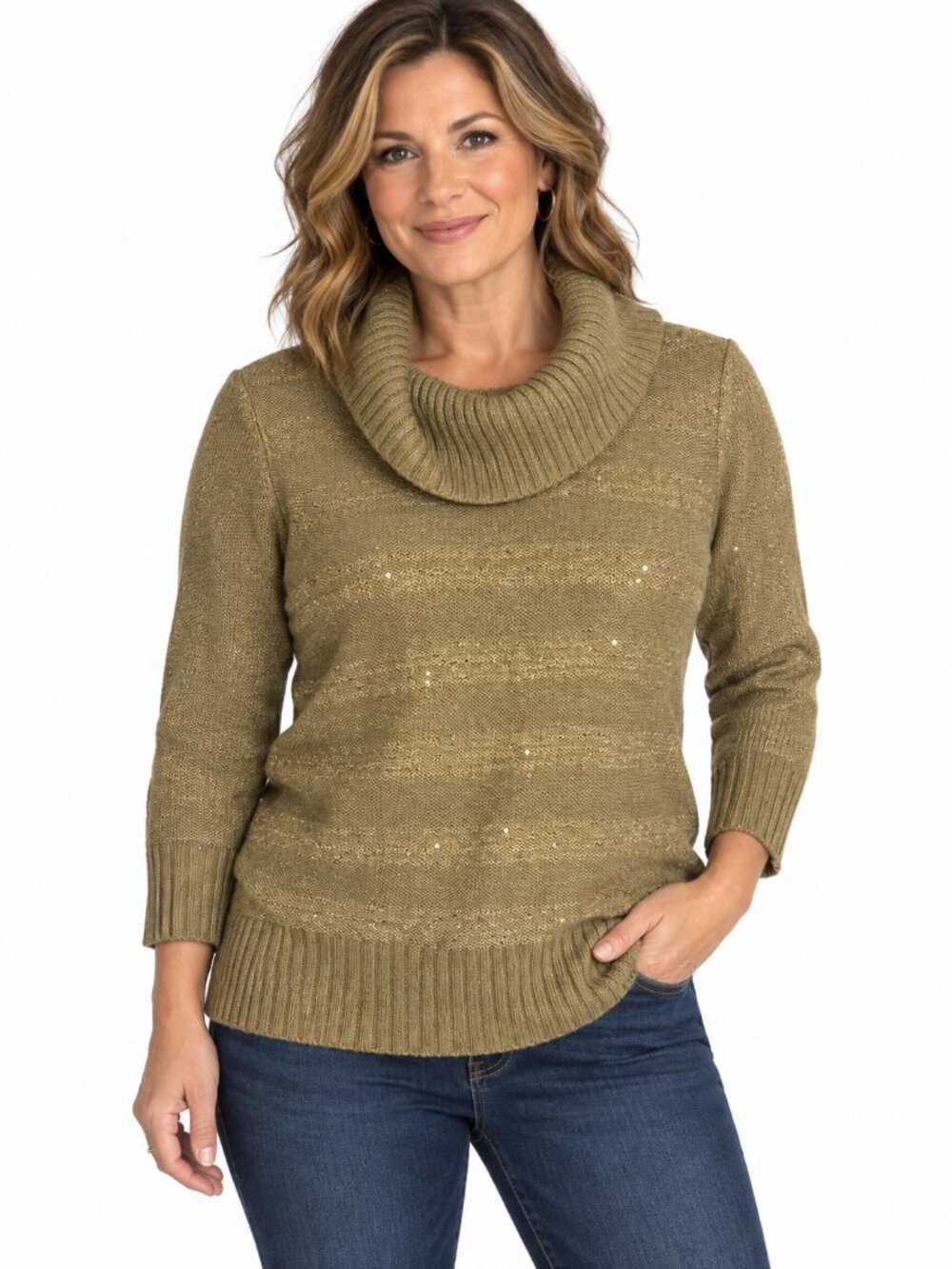 by & by Brown Sequin Cowl Neck Sweater Women's Medium